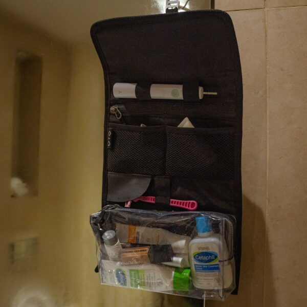 Hanging Toiltery pouch in a hotel